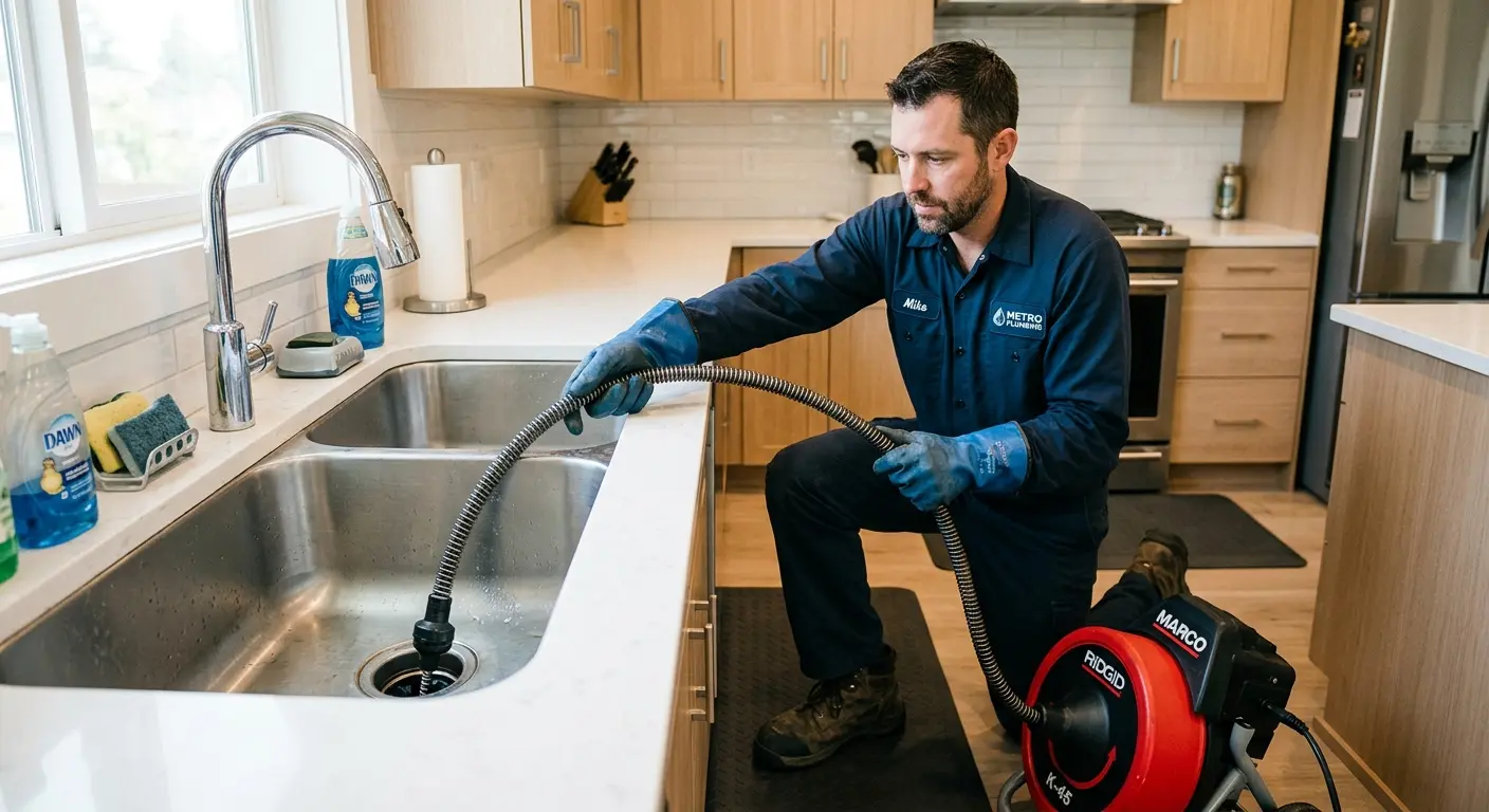 Drain cleaning technician using a motorized snake on a kitchen sink in River Grove