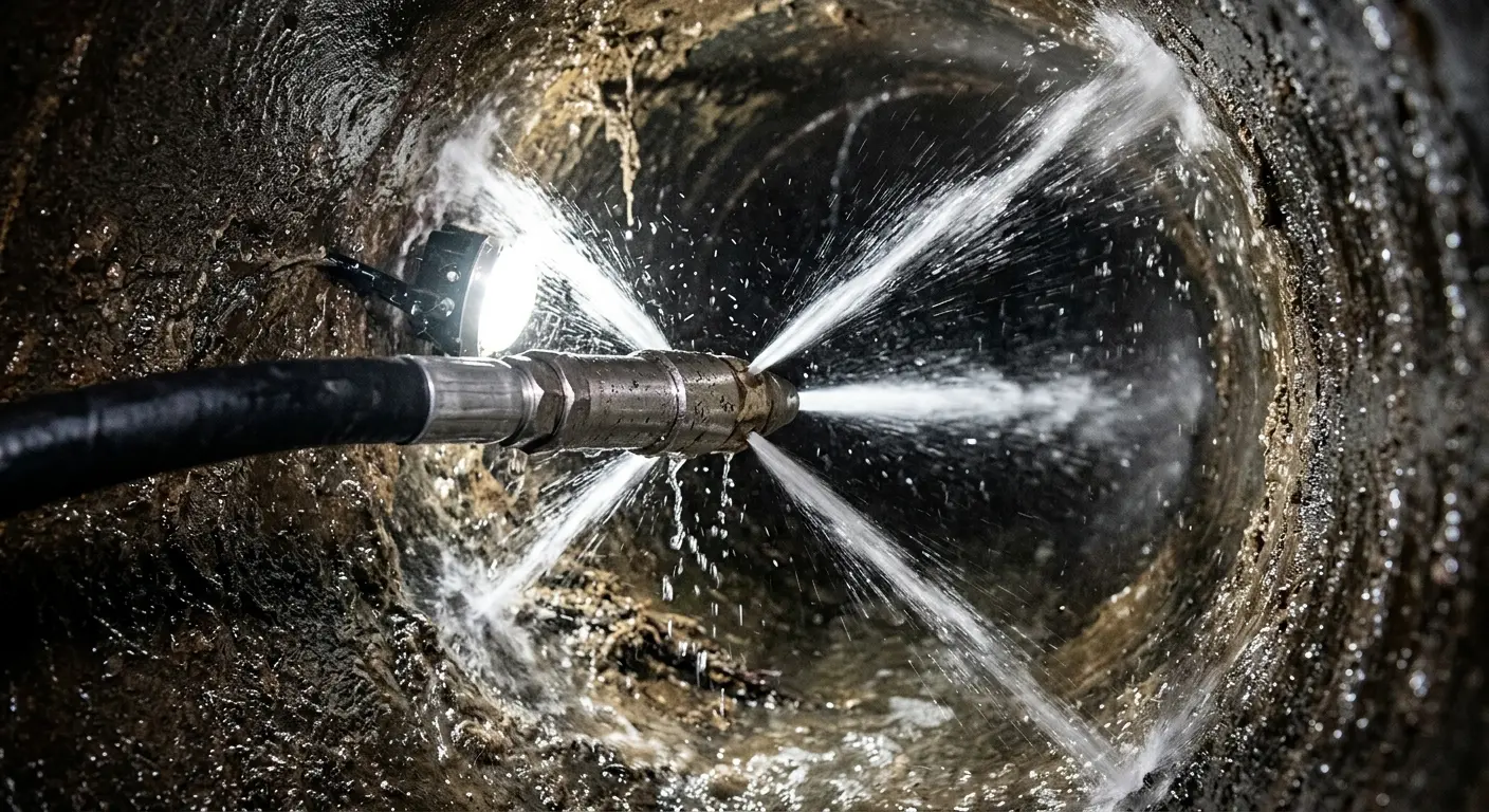 High-pressure hydro jetting nozzle cleaning sewer pipe for Sewer Line Relining in River Grove