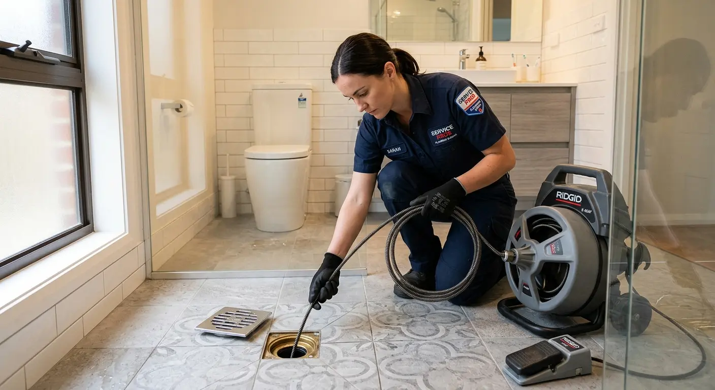 Technician clearing a bathroom floor drain for Drain Repair in River Grove
